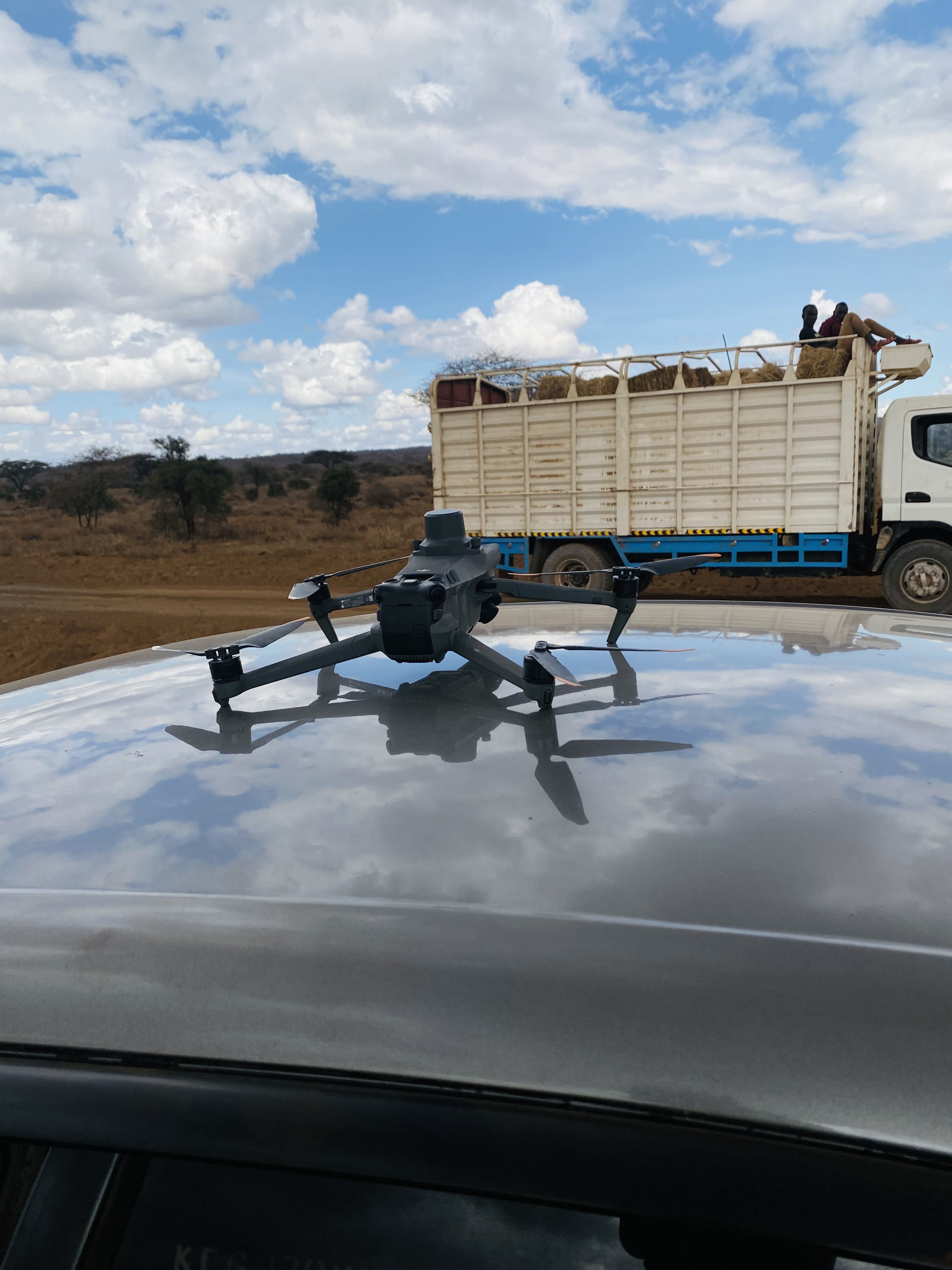 DJI drone on vehicle roof ready for survey mission in Kajiado Kenya